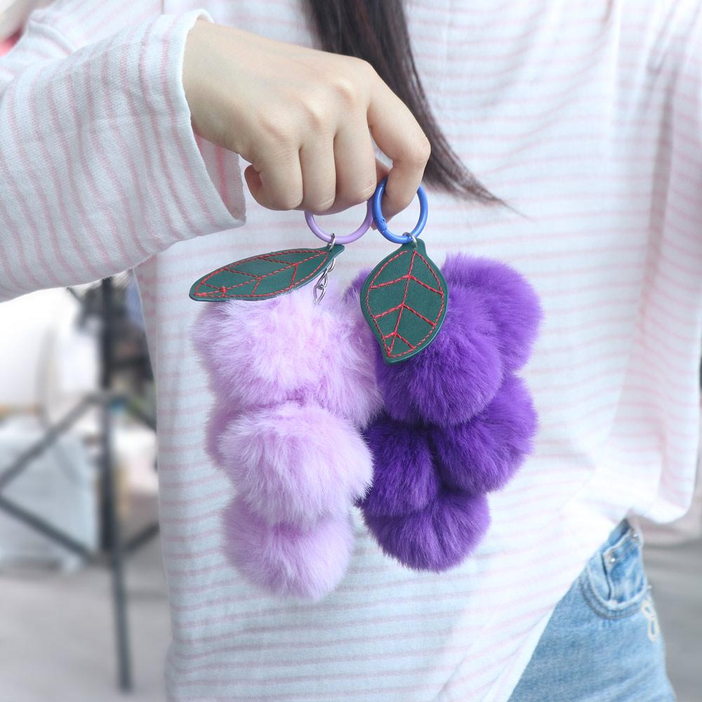 2Pcs Soft Plush Furry Grape Key Chain Charm Decor Pompoms Keyring Fruit Keychain Pendant  Purse