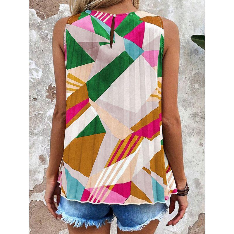 Summer New Arrival Geometric Print Pullover Sleeveless Tops Women 2025 European and American Leisure Loose Color Matching Outwear Vest Women