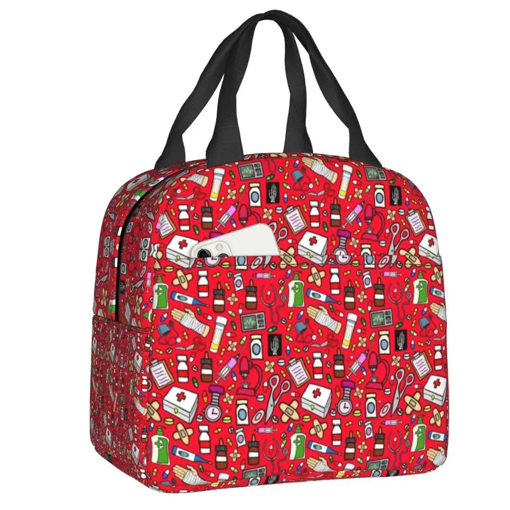 Nurse Tool Pattern Insulated Lunch Tote Bag for Women Nursing Resuable Thermal Cooler Food Lunch Box Work School Travel