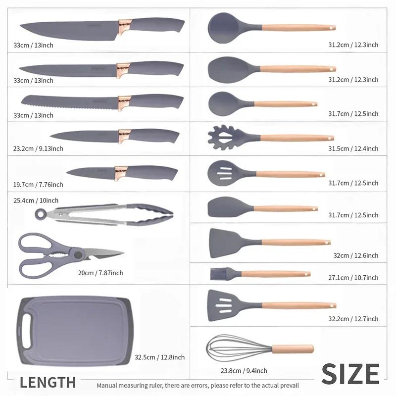 19-teiliges hitzebeständiges Silikon-Küchenutensilien-Set mit Messern, Antihaft-Werkzeugen in Bambus-Aufbewahrung, ideal für problemloses Kochen