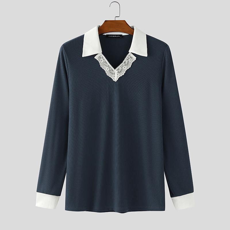 

INCERUN Autumn Men Lace Lapel V Neck Long Sleeve Rib Stitching Casual Pullover Tops 5XL синий