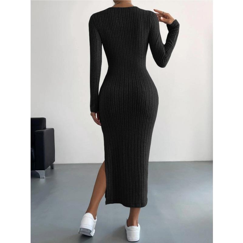 Abito Lungo da Donna a Maniche Lunghe con Scollo Rotondo e Spacco in Maglia