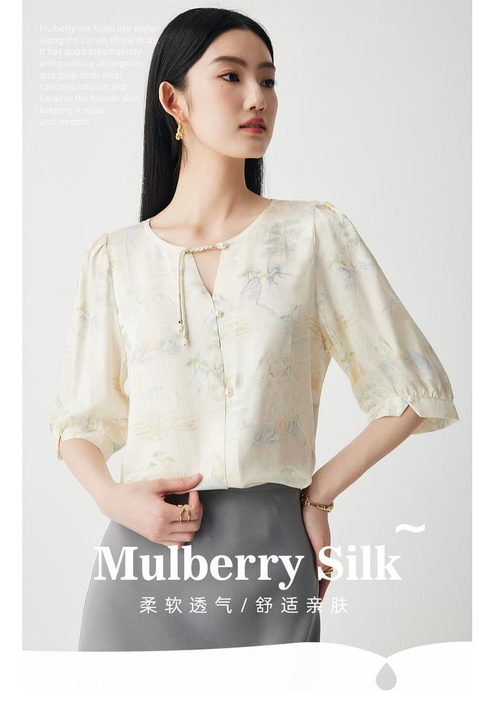 100% Mulberry Silk Round Neck Elegant Artistic Jacquard Silk Top Women's T-shirt