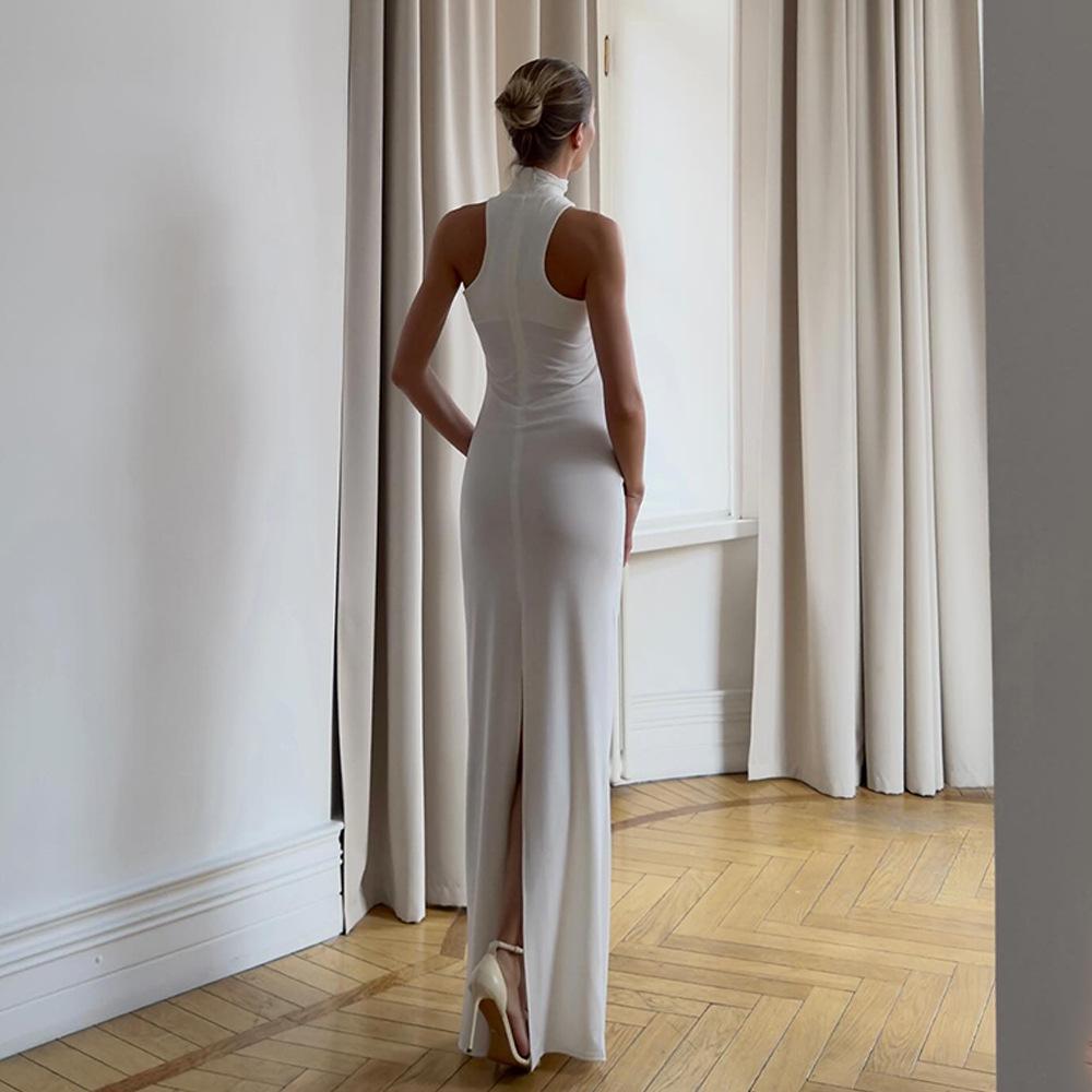 2025 Frühling/Sommer Damen Einfarbig Ärmellos Hoher Kragen Slim Fit Bodycon Abendkleid