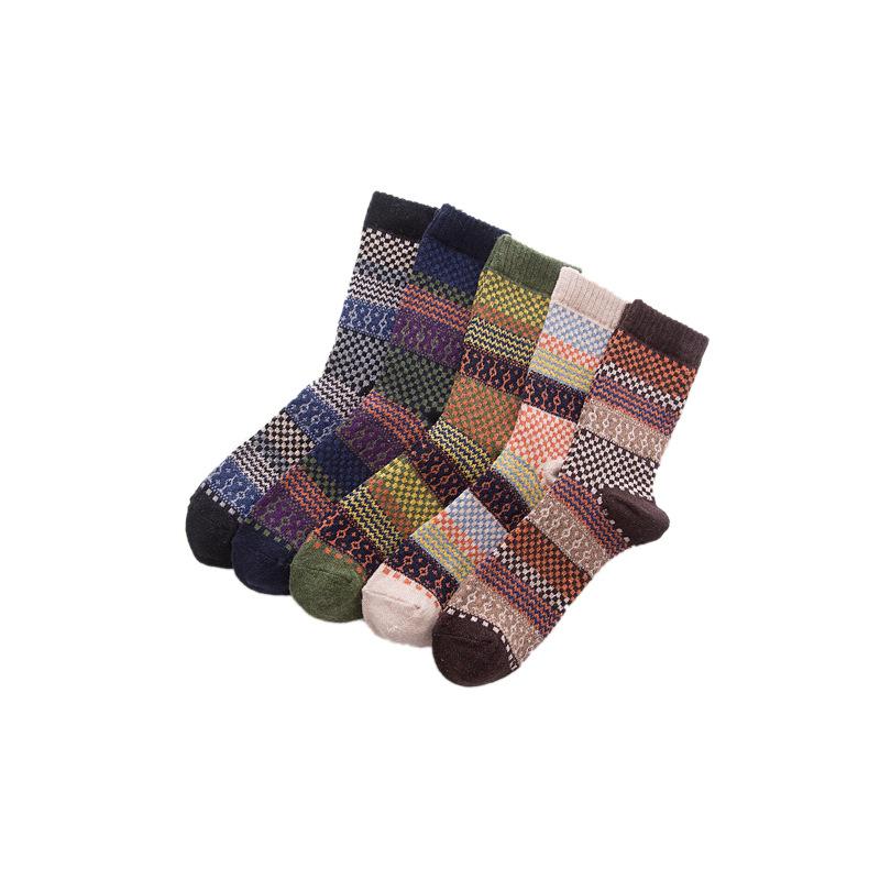 5 Pairs of Men's Autumn and Winter Rabbit Wool Socks, Mid-calf Men's Socks, Small Checkered, Retro Ethnic Style