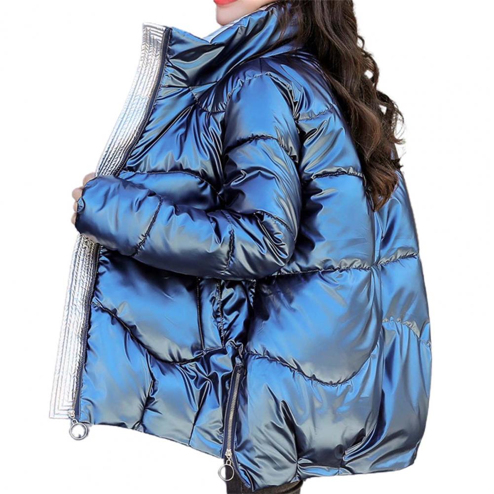 Glänzende Winter-Daunen-Baumwoll-gefütterte Jacke für Damen, dicke, leuchtend schwarze, kurze, glänzende Jacke, gelb-rote Baumwoll-Parkas-Oberbekleidung