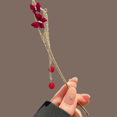 Red Butterfly Tassel Hair Stick with Velvet Flower Bead Detail Carved Pattern Retro Hanfu Style Women's Elegant Hair Accesso