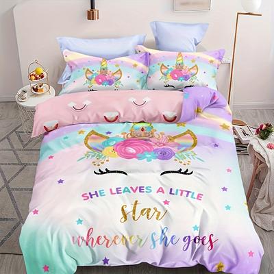 Niedliches Einhorn-Druck Bettwäsche-Set Weiche Bequeme Bettdecke Für Schlafzimmer Gästezimmer (1 * Bettbezug + 2 * Kissenbezüge)
