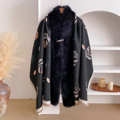 Women Winter Thick Warm Scraves Houndstooth Plaid Outer Wear Cloak Shawl Faux Fur Collar Loose Cardigan Wraps Capes Scraf