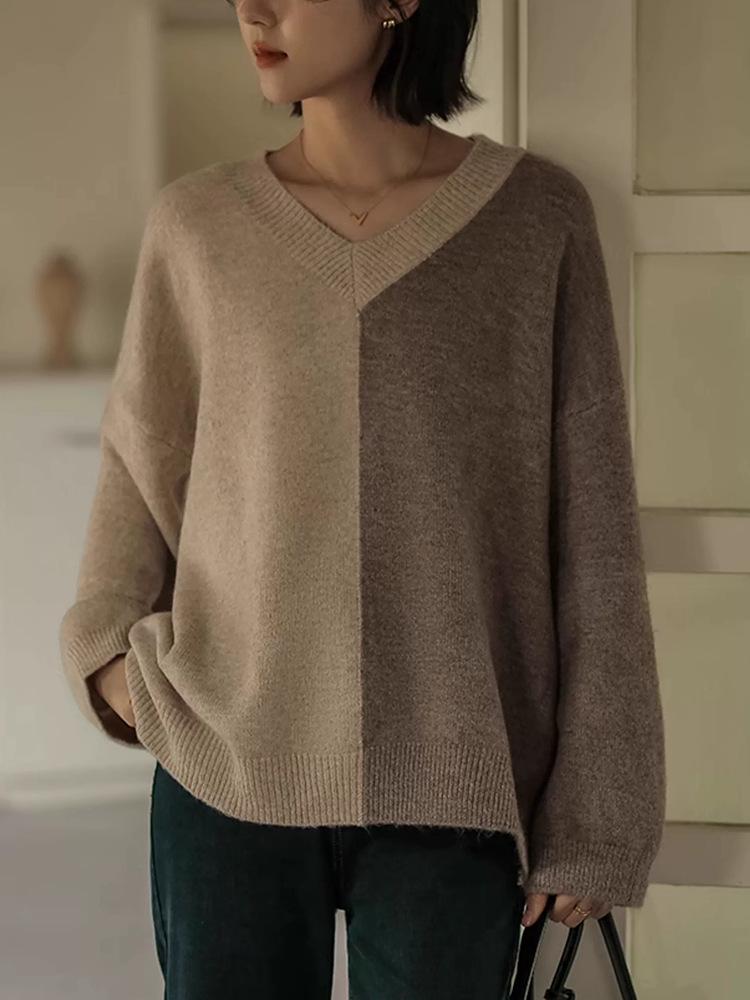 European Chic V-Neck Color Block Pure Wool Women's Sweater, Autumn Winter Loose Knit Pullover.