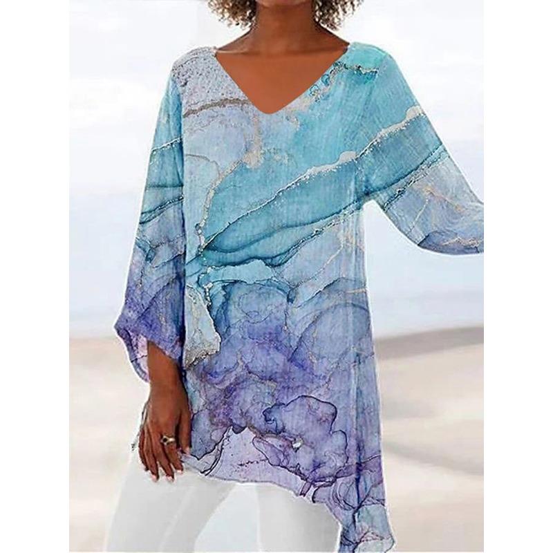 Spring Summer V-neck Printing Fashion Women Blouse New Casual Loose Irregular Top T-shirt Large Size Simple Elegant Office Shirt Women's Clothing