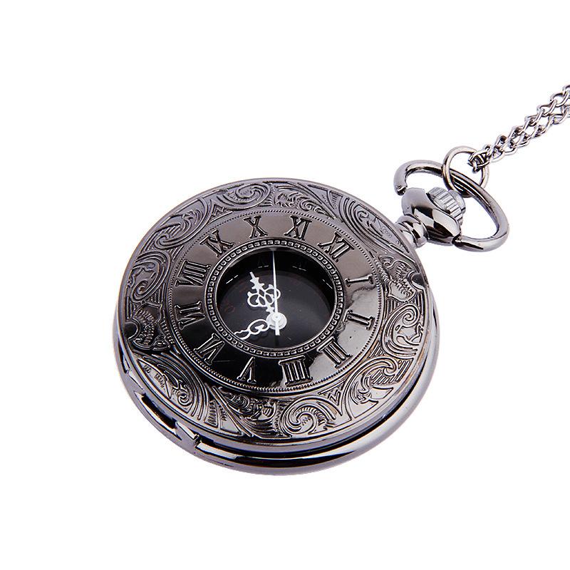 Large Black Chunky Chain Pocket Watch with Double Roman Numerals & Openwork Lace