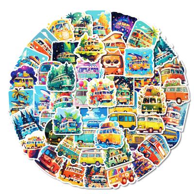 50 Cute Multi-color Float Bus Cartoon Transportation Series Waterproof Decorative Stickers for Children's Enlightenment Education