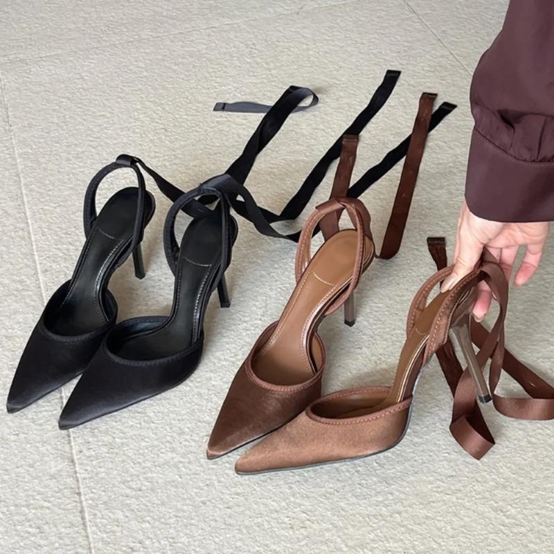 Pesstwei Fashion Slingback Ankle Lace-up Mules Women Pumps Sexy Thin High Heels Pointed Toe Banquet Stripper Shoes Size: 43