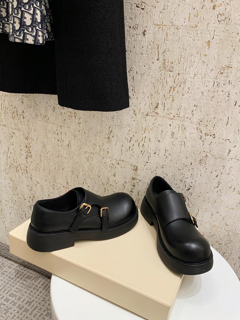 Cowhide Version Grape Mother Double Buckle with Round Head Leather One-pedal British Style Platform Small Leather Shoes Women's Loafers Mickey