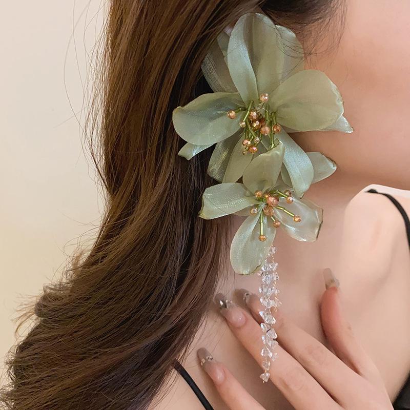 Silver Needle Crystal Tassel Flower Mesh Earrings - Elegant Niche Dangle for Women