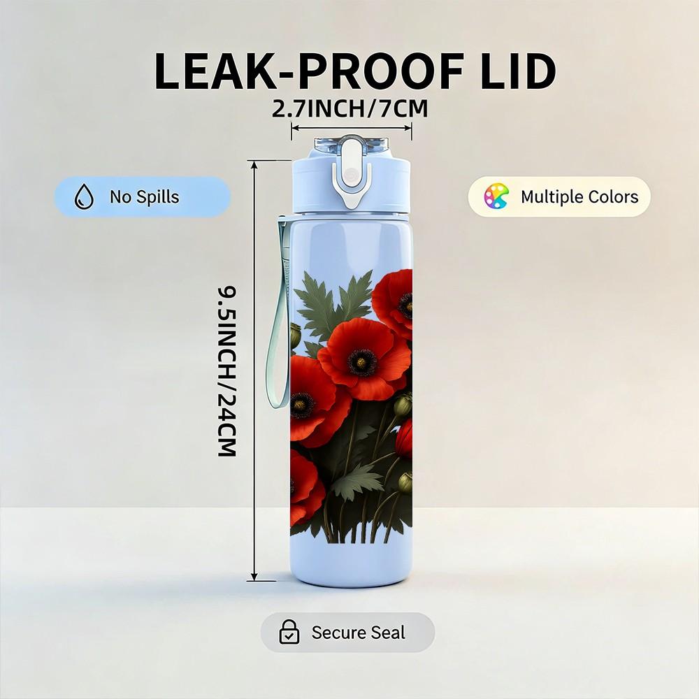 1PC Red Rose Bouquet Dark Print 750ml Color Plastic Sports Water Bottle Leakproof Flip Straw Lid Suitable for Sports Office Home Use