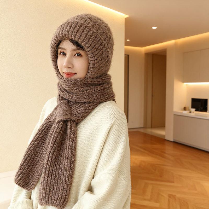 Damen Winter Doppelt Warme Strickmütze Gepolsterte Verdickte Mütze Schal Ein Stricknetz Rote Explosionsmodelle Wind- und Schneemützen