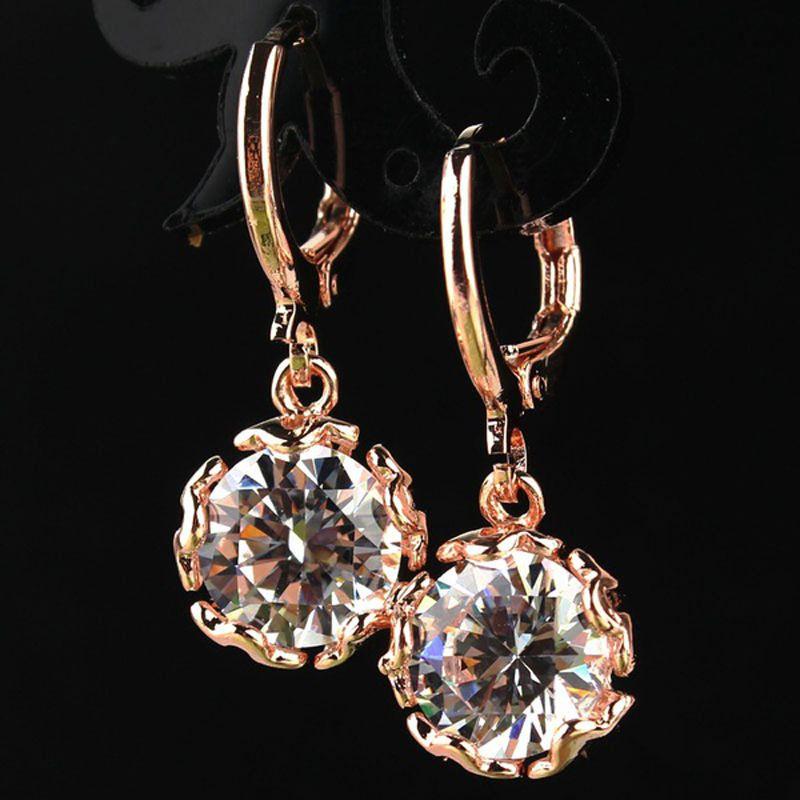Elegant Fashion Women Rose Gold Plated White Crystal Stone Dangle Drop Earrings For Special Occasions