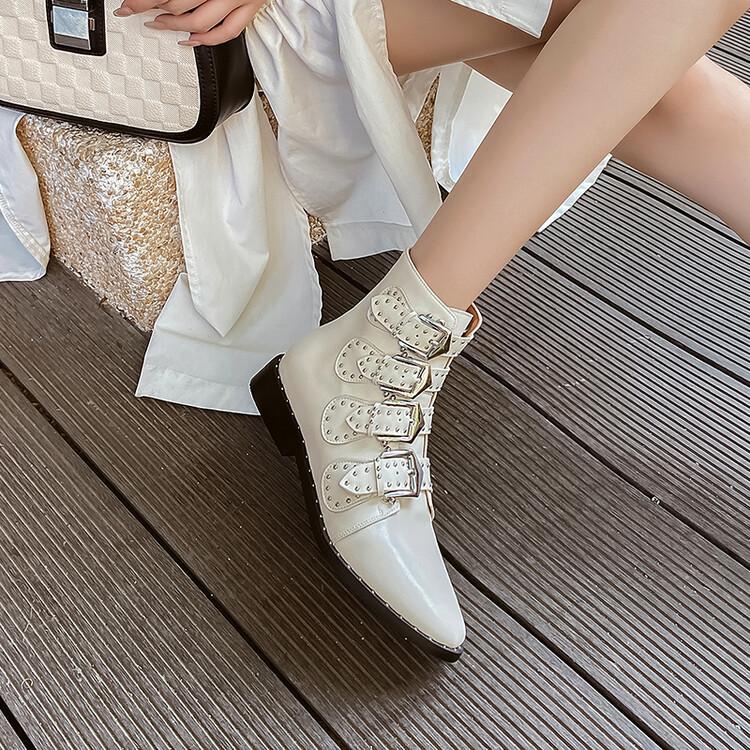Fashion New Autumn Winter Women Boots Cow Leather Ankle Boot Fashion Rivet Belt Buckle Boots for Women Round Toe Low Heel Western Boots
