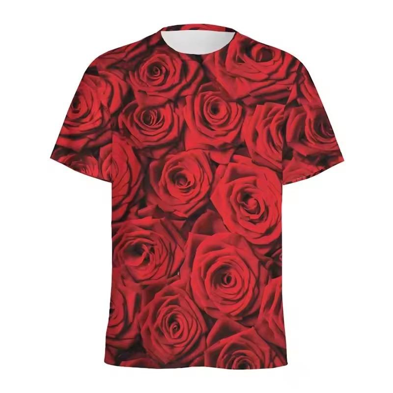 Rote Blumen Rose 3D-Druck T-Shirt Romantisch Lustig Kurzarm Rundhals T-Shirt Herrenbekleidung 2024 Sommer Neu Atmungsaktives T-Shirt