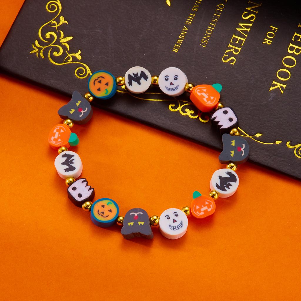 Handmade Polymer Clay Beaded Bracelets for Women Girls Cute Cartoon Pumpkin Ghost Pattern Bracelet Halloween Party Jewelry Gifts