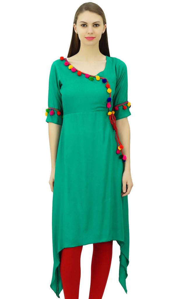 Phagun Angrakha Style Rayon Womens Tunic Kurta Pom-Pom Designer Kurti Top Indian