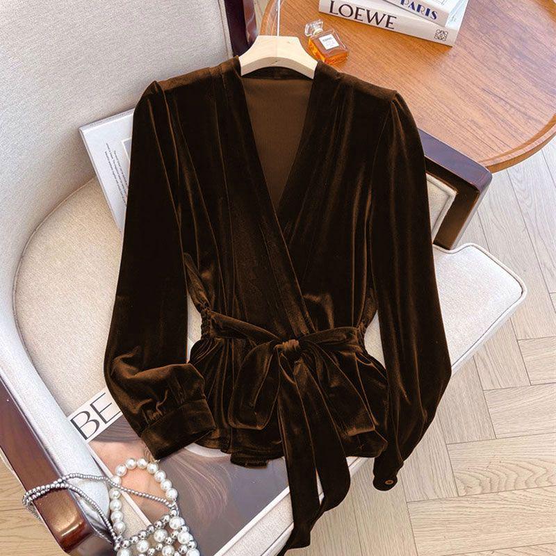 Pure Desire Women s Slimming Velvet Tie-Up Long Sleeve Shirt - French Style, Autumn/Winter Collection L коричневый