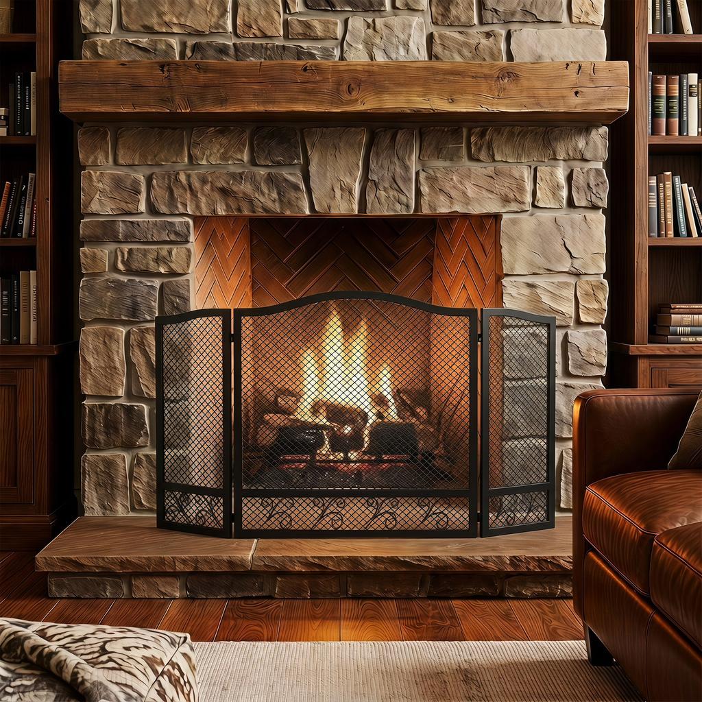 Folding Fireplace Screen, 3 Panels, 107 x 60 cm, Black Metal