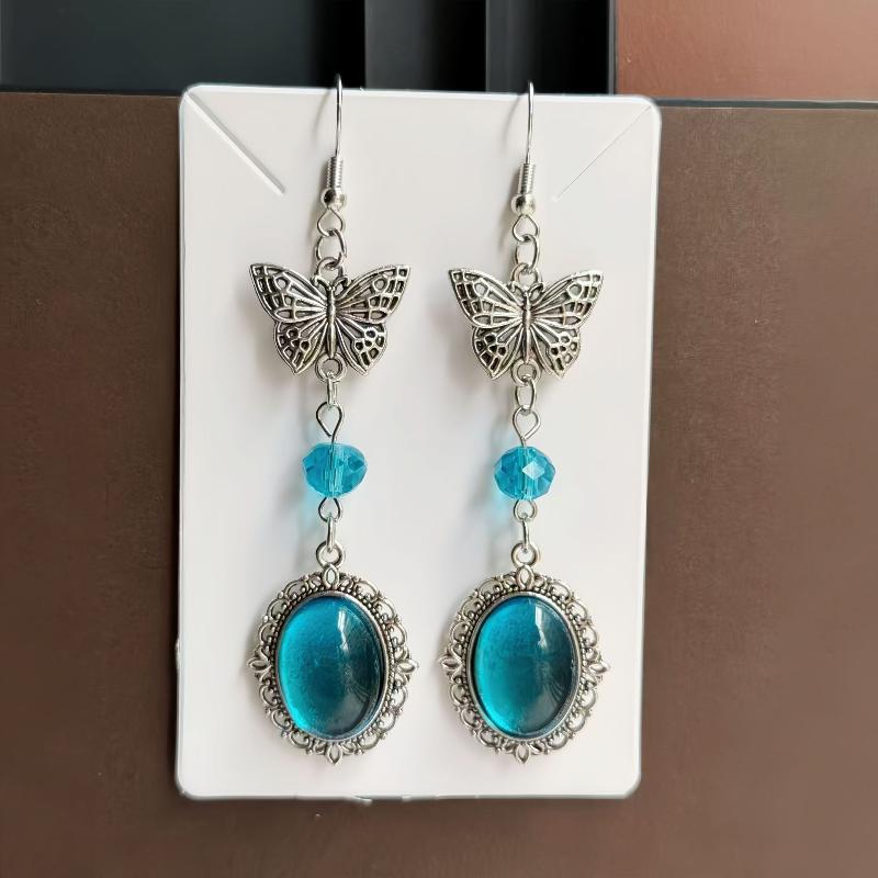 1Pairs Vintage Silver Dangle Earrings Hollow Butterfly Emerald Green Gem For Party Daily Wear Vacation