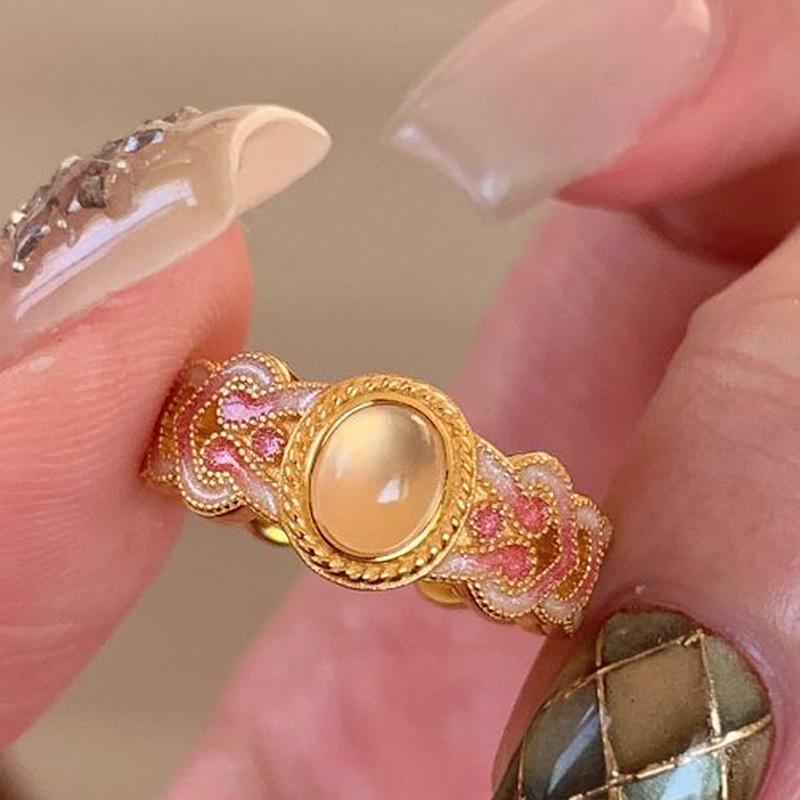 Xiaohongshu Enamel Peach Blossom Ring for Women, Elegant and Versatile Light Luxury Fashion. Adjustable Opening