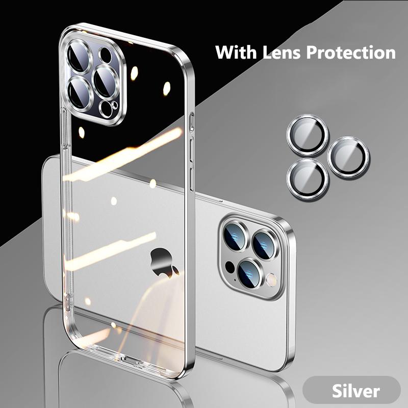 Plating Transparent Silicone Case For IPhone 15 14 Plus 13 11 12 15 Pro Max Mini XR X XS 7 8 SE Lens Shockproof Acrylic Cover