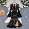 Summer Elegant Embroidery Flower Mermaid Evening Party Dress Women Long Flare Sleeve Cup Padded V Neck One Piece Mesh Folds Prom Robe
