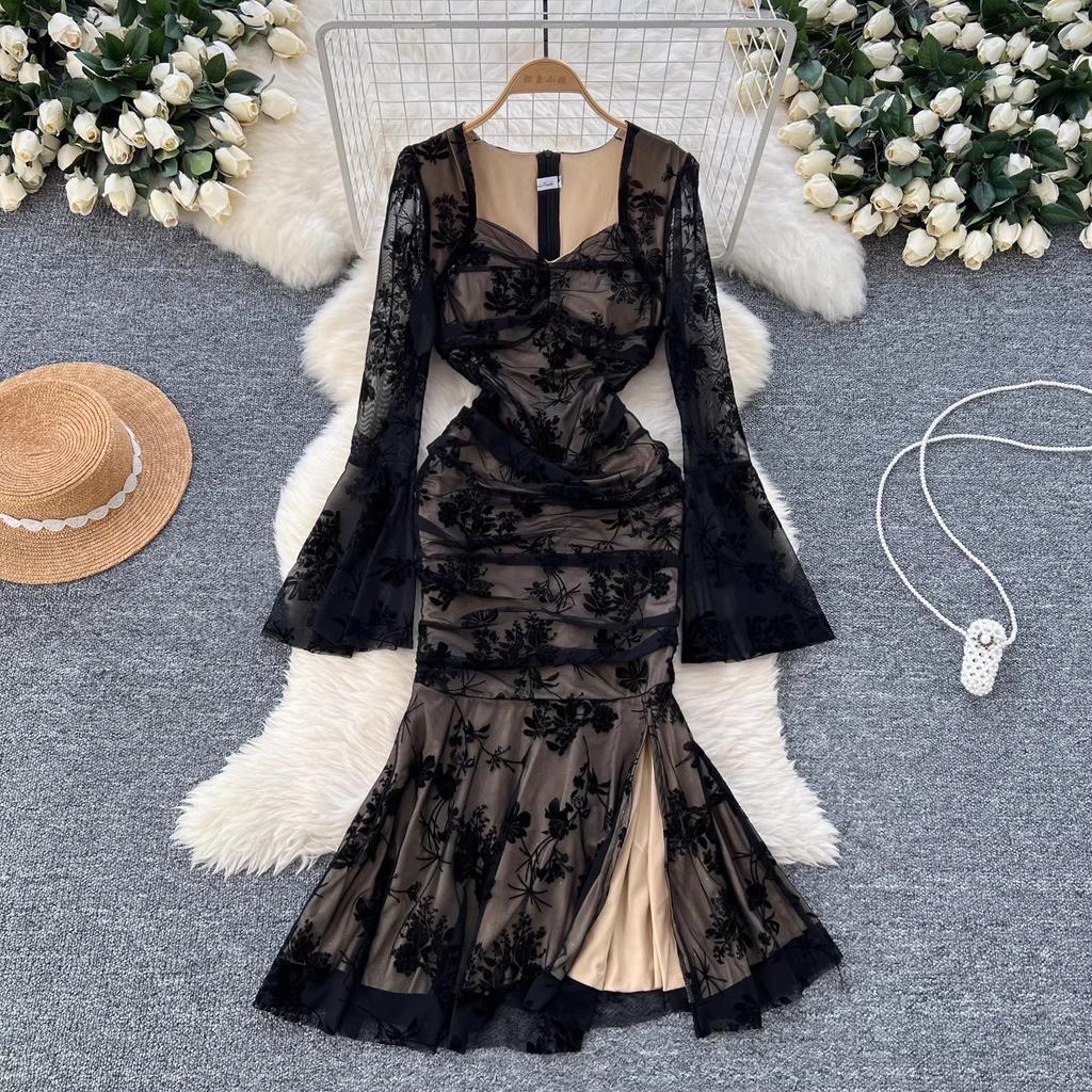 Summer Elegant Embroidery Flower Mermaid Evening Party Dress Women Long Flare Sleeve Cup Padded V Neck One Piece Mesh Folds Prom Robe