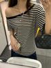 Women's 2025 Slimming Striped Off-Shoulder T-shirt - Short Sleeves