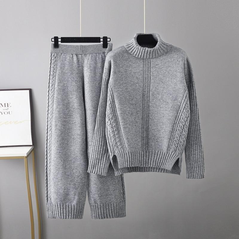 High-necked pullover thickened knitted sweater casual fashion suit women's autumn and winter loose lazy style wide-leg pants two-piece set
