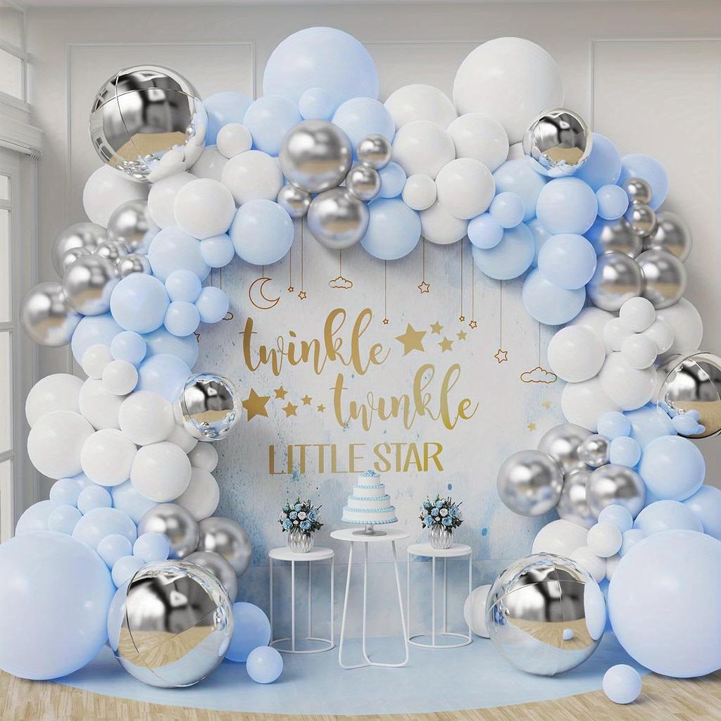 142pcs Blue White Silver Balloon Arch Set, Suitable for Twinkle Twinkle Little Star Party, Birthday Party, Wedding Decoration