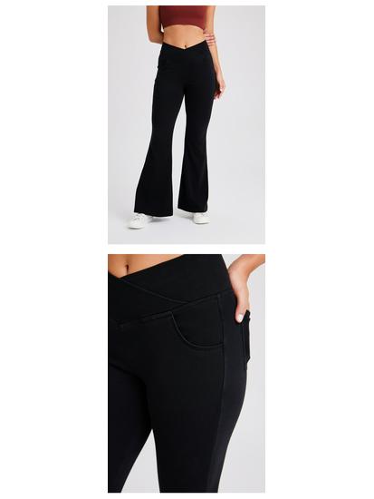 Women's High-Waisted Stretch Knit Denim Flare Pants with Pockets