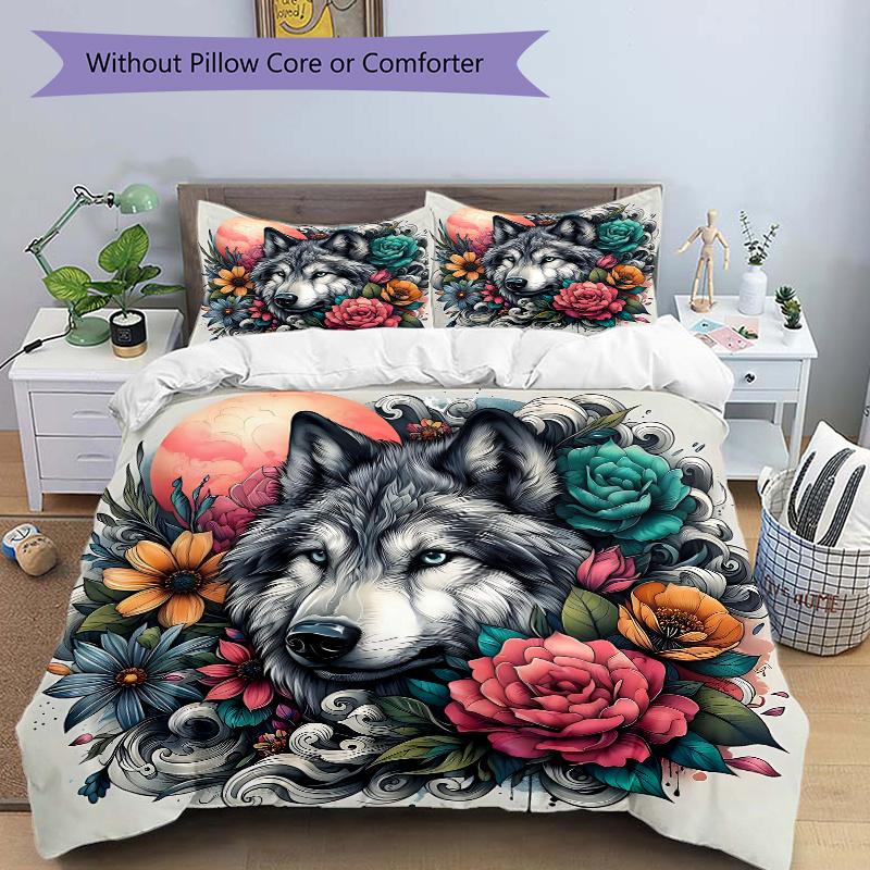 3pcs Wolf Pattern Bedding Three-Piece Set (1 Cover + 2 Pillowcases, No Fillings), This Printed Bedding Set Is 135x200cm