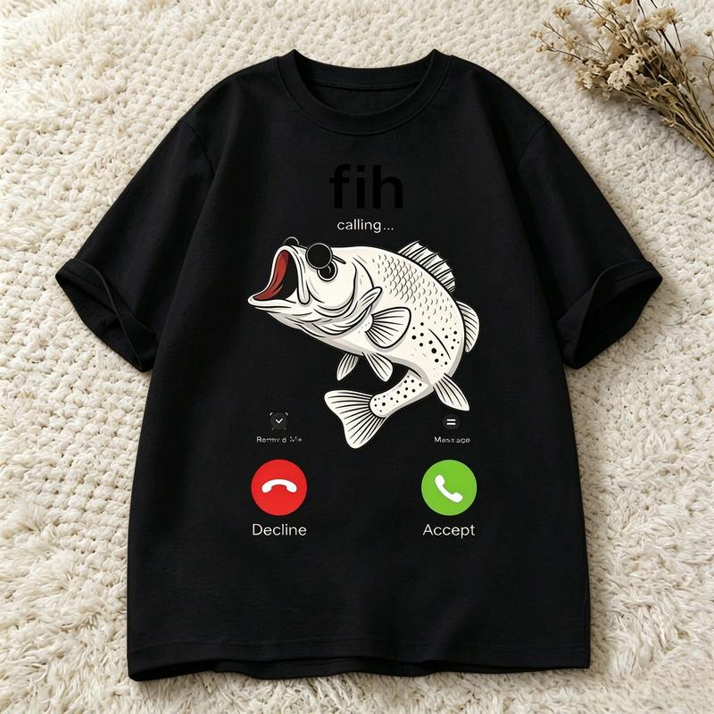 Funny Fish Calling T Shirt Bass Fish Incoming Call Graphic Tee Casual Short Sleeve Gift For Fisherunisex Angler Dad Fishing Hobby