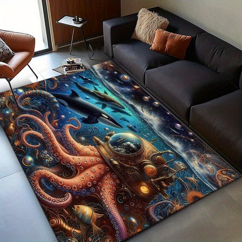 Ocean Life Rug with Octopus and Whale - Ideal for Nautical Themed Rooms | Vibrant Sea Creature Decor Skid resistant carpet