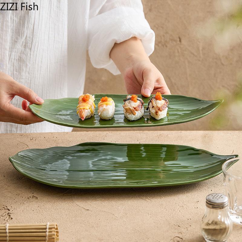 Green Leaf Ceramic Plate Japanese Restaurant Molecular Cuisine Sushi Plate Creative Dim Sum Dessert Plate Kitchen Tableware