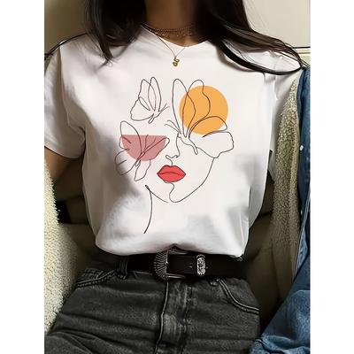 Europäische Größe Mode Grafikdruck T-Shirt Kurzarm Rundhals Vielseitiges Lässiges Oberteil Frühling Sommer Damenbekleidung
