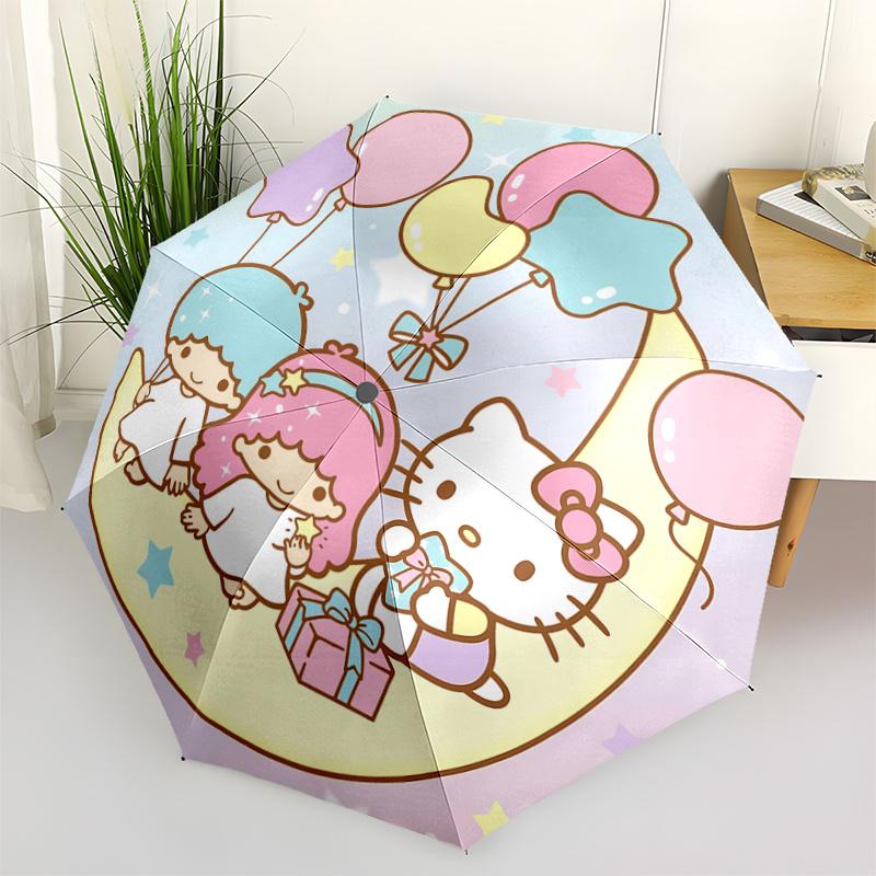 1pc Hello Kitty & Little Twin Stars Balloon Moon Automatic Opening/Closing Umbrella - Portable Three-Fold Design with 8-Bone Iron Frame, Outdoor for F