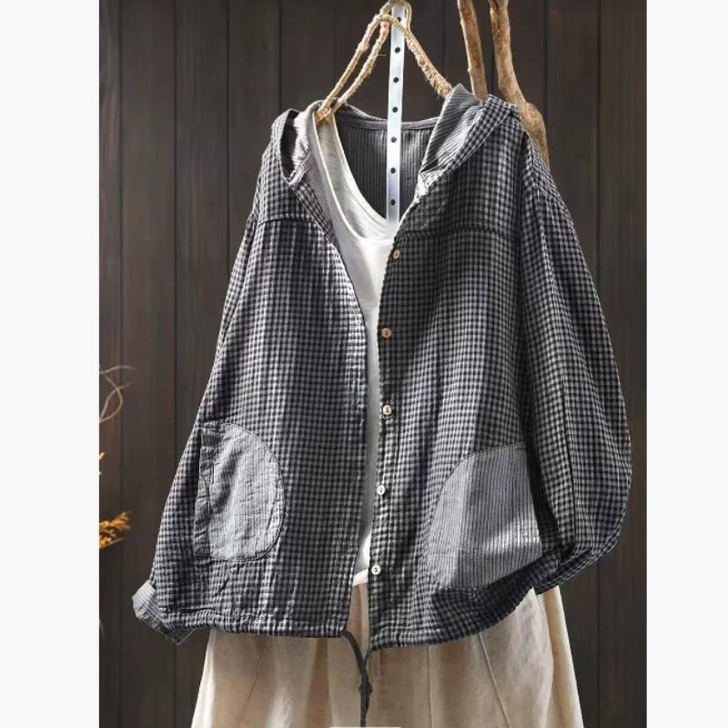 Chemise à capuche rayée en fil de coton double couche pour le printemps pour femmes, veste chemise à carreaux à manches longues
