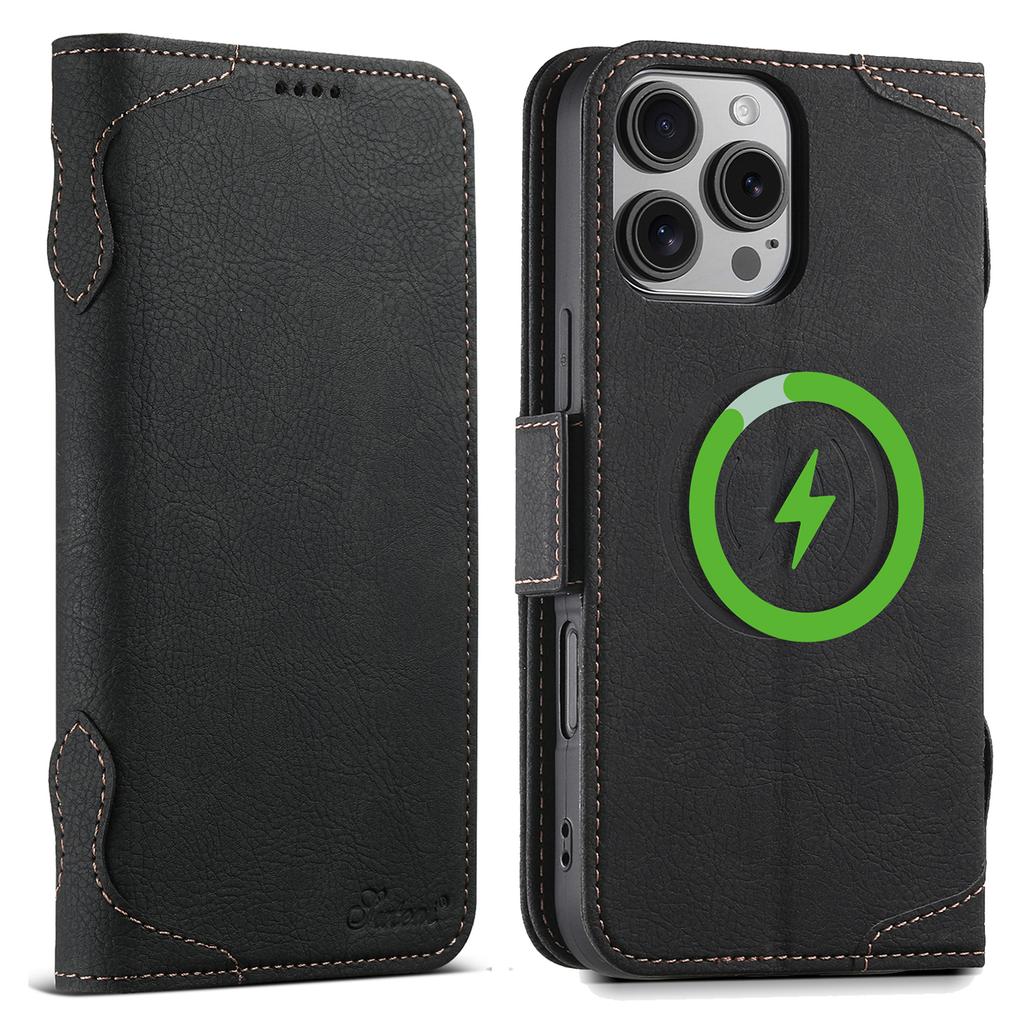 SUTENI J07 For iPhone 16 Pro Max Case Compatible with MagSafe Litchi Texture Leather Wallet Phone Cover