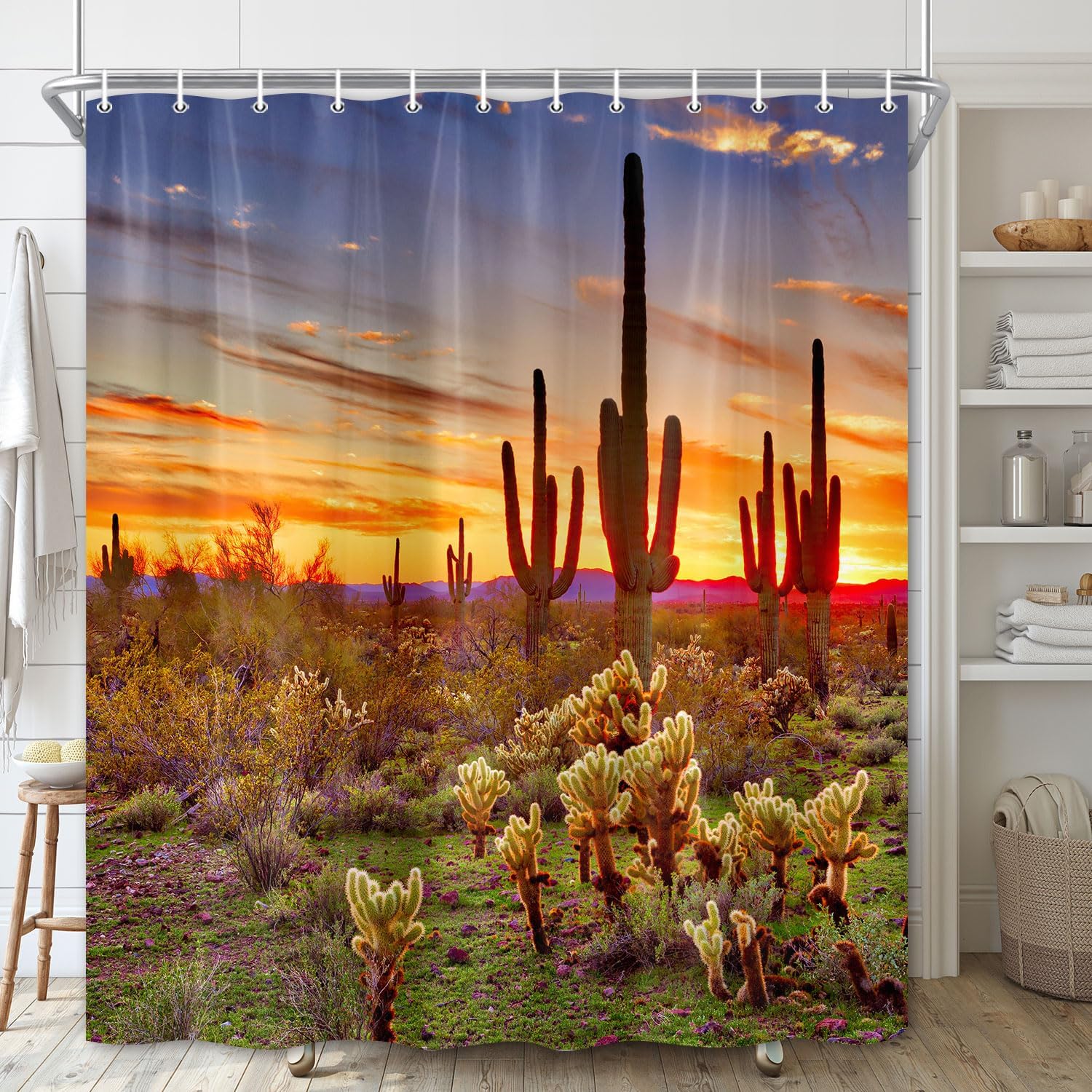 Western Landscape Sunset Desert Cactus Bathroom Curtain, Natural Scene Waterproof Polyester Fabric Shower Curtain with Hook W90xH180cm