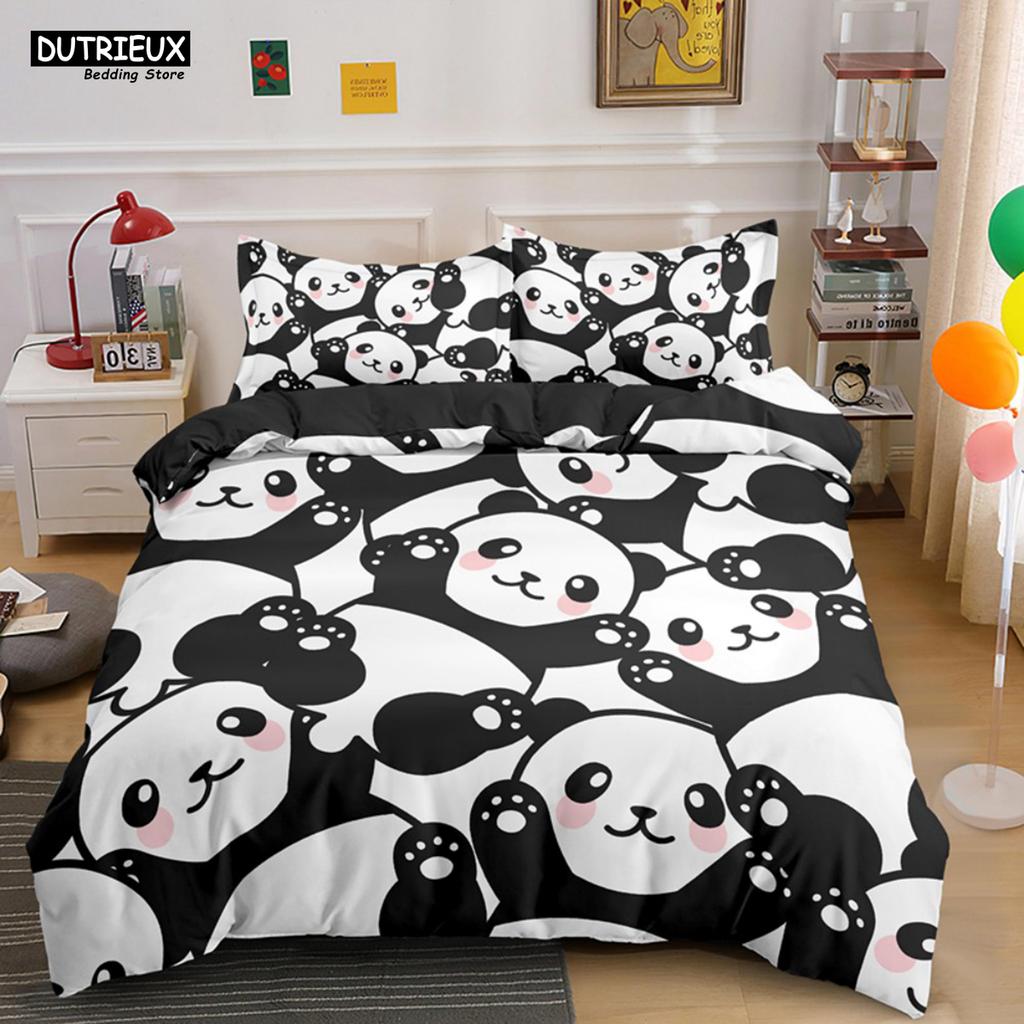 Cartoon Lovely Panda Bedding Set White Bed Linen 3D Print Gift For Girls 2/3pcs Twin Single Queen King Size Duvet Cover Set