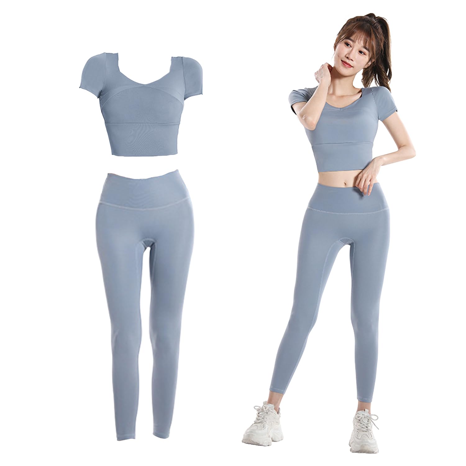

SooPii Топ и низ для йоги Спортивная одежда и тренировочный рукав Бюстгальтер Спортивная йога и леггинсы Комплект для женщин с высокой поддержкой, Одежда, Комплект из 2 предметов, Топ 3/4, Бюстгальтер, Брюки, светло-синий