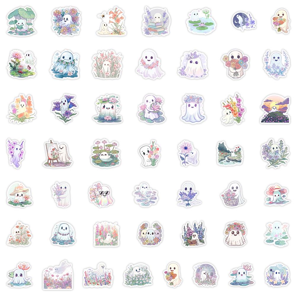 

50 Cartoon Flowers & Ghosts Waterproof Stickers for Water Bottles & Laptops - Creative Decorative Cute Decals